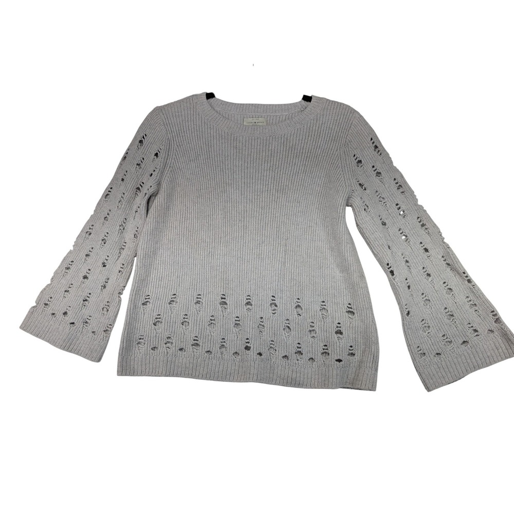 Lucky Brand‎ Distressed Cutout Ribbed Knit Bell Sleeve Sweater Light Gray S/P